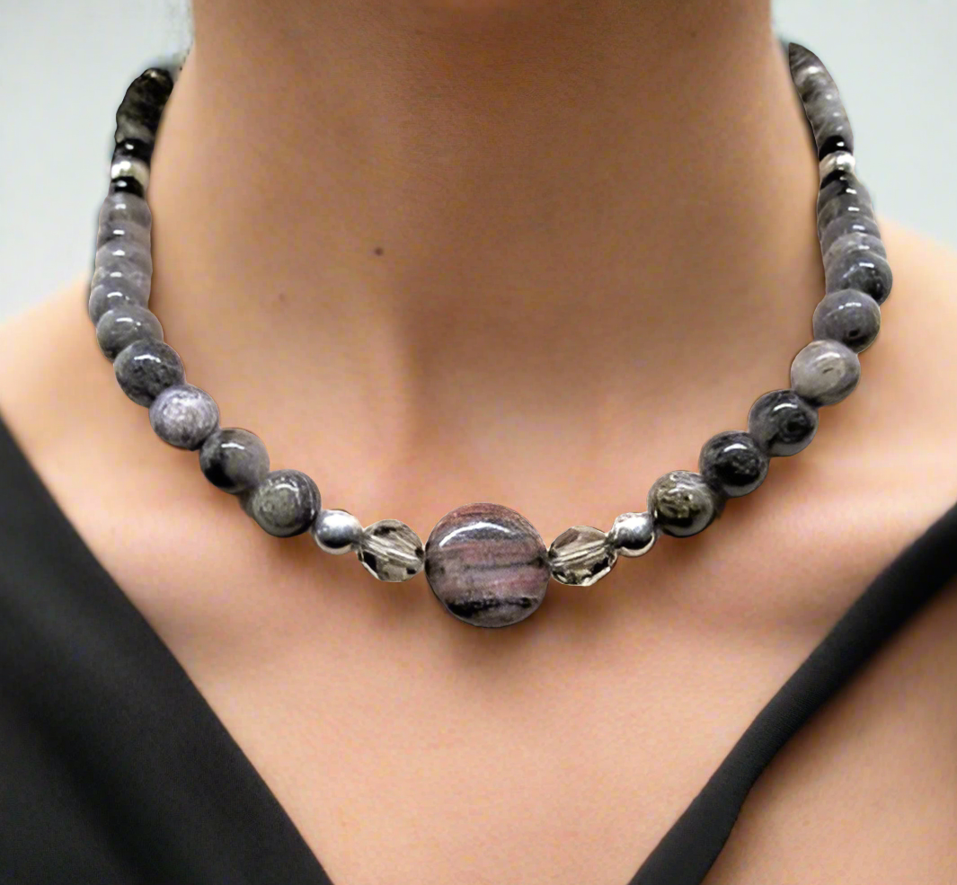 Gorgeous Natural Red Sesame, Black Lace Marble, and Crystal, semi-precious, One-of-a-Kind, Beaded Necklace-handcrafted by Artistry Jewelry