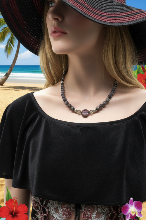 Gorgeous Natural Red Sesame, Black Lace Marble, and Crystal, semi-precious, One-of-a-Kind, Beaded Necklace-handcrafted by Artistry Jewelry