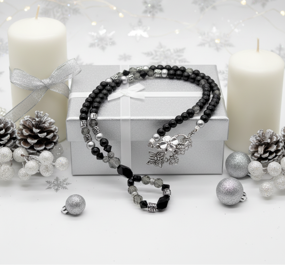 Stunning Black Onyx, Black Diamond Crystals, and Black Pearl beads, Beaded Necklace A, One-of-a-Kind, handcrafted by Artistry Jewelry