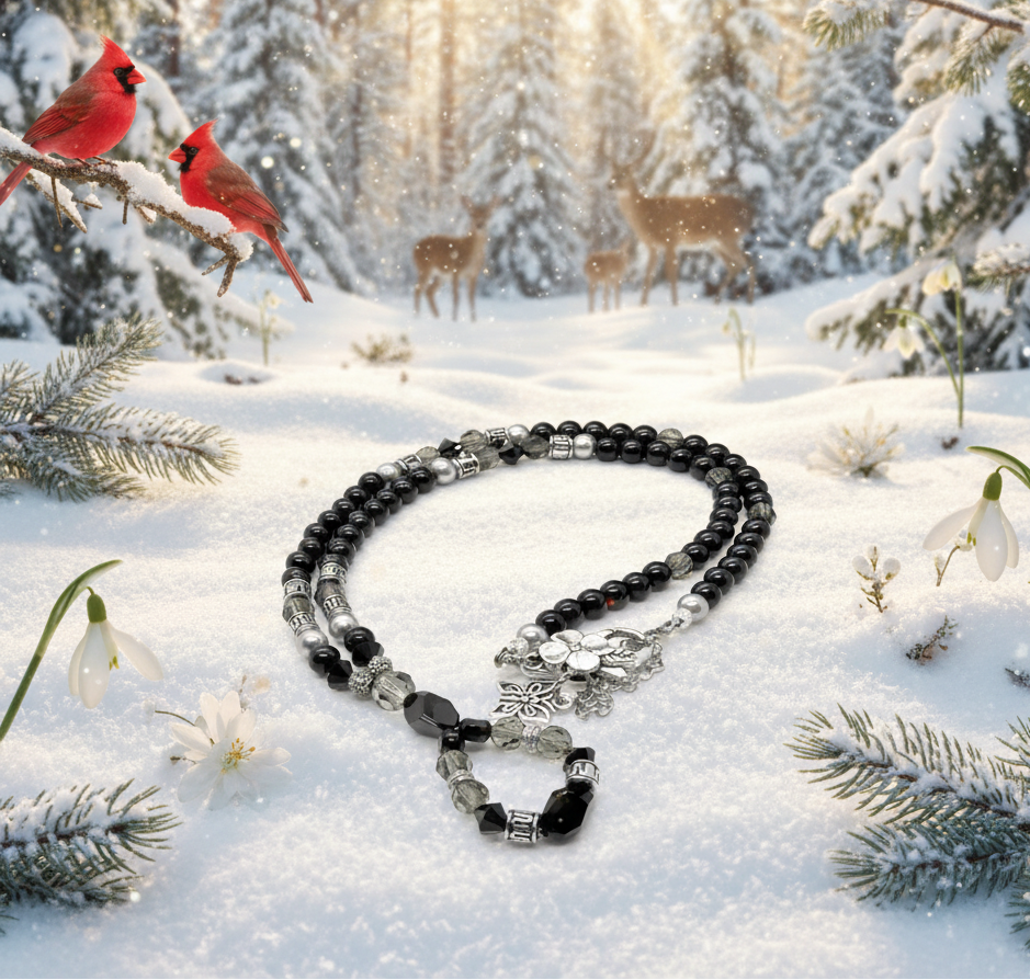 Stunning Black Onyx, Black Diamond Crystals, and Black Pearl beads, Beaded Necklace A, One-of-a-Kind, handcrafted by Artistry Jewelry