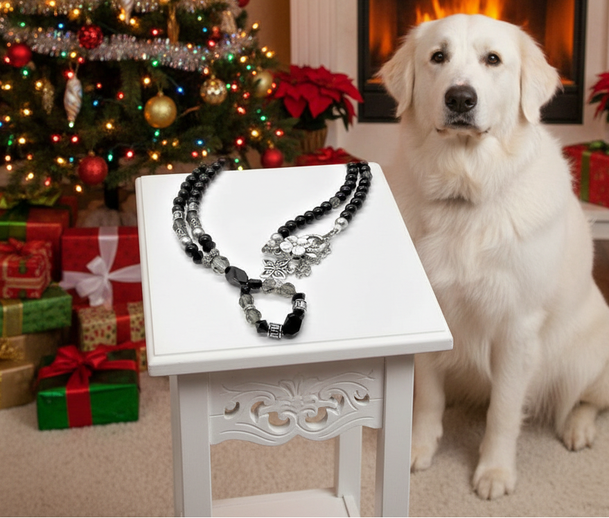 Stunning Black Onyx, Black Diamond Crystals, and Black Pearl beads, Beaded Necklace A, One-of-a-Kind, handcrafted by Artistry Jewelry