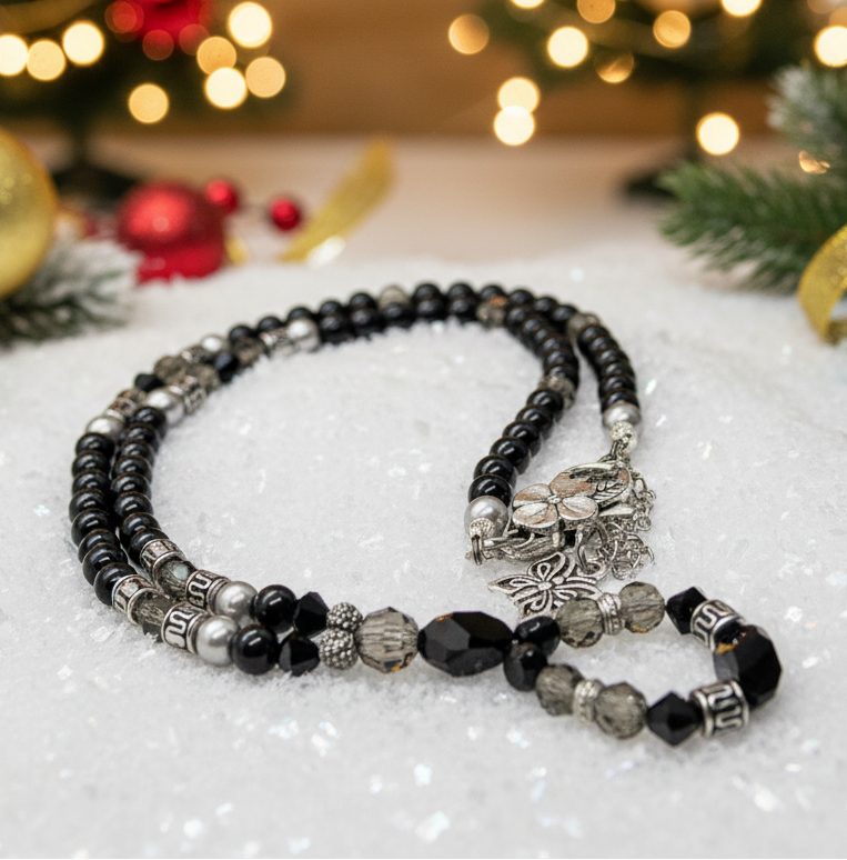 Stunning Black Onyx, Black Diamond Crystals, and Black Pearl beads, Beaded Necklace A, One-of-a-Kind, handcrafted by Artistry Jewelry