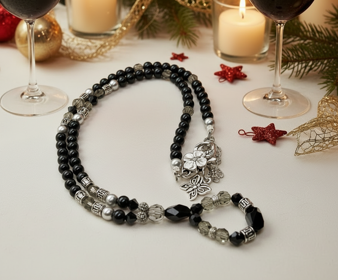 Stunning Black Onyx, Black Diamond Crystals, and Black Pearl beads, Beaded Necklace A, One-of-a-Kind, handcrafted by Artistry Jewelry