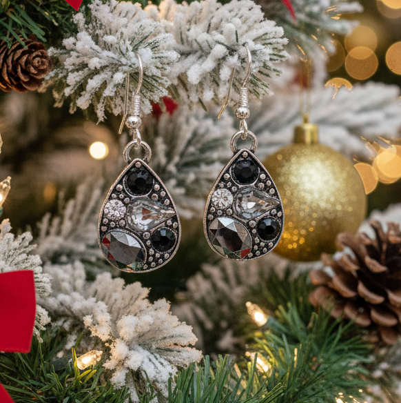 Beautiful Black, Silver, and Gray, Rhinestone, Teardrop, Double Chain Necklace Set- by Artistry Jewelry