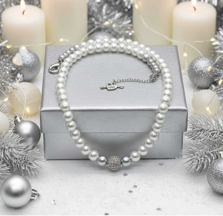 Gorgeous Crystal Czech Ball and Gray & Silver Druk beads, One-of-a-Kind, Beaded Necklace-crafted by Artistry Jewelry