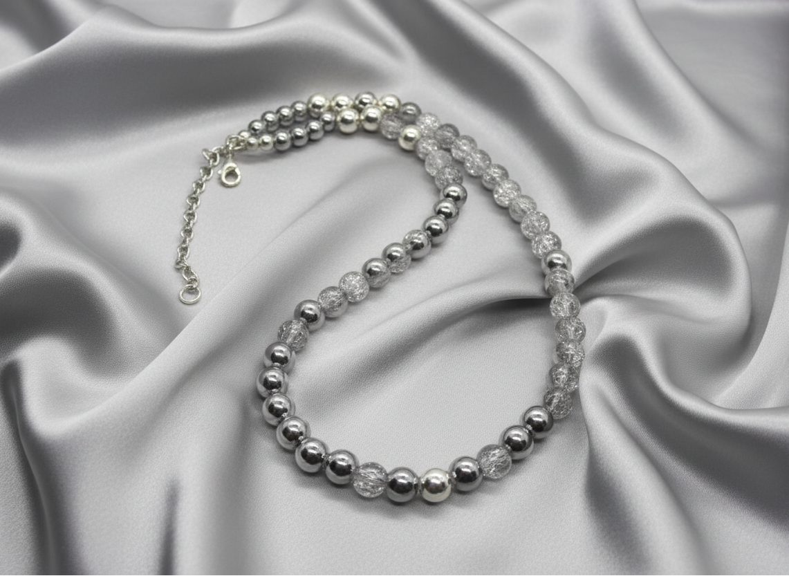 Beautiful Snow Cracked Crystal Beads and SP Hematite, Beaded Necklace Set-crafted by Artistry Jewelry