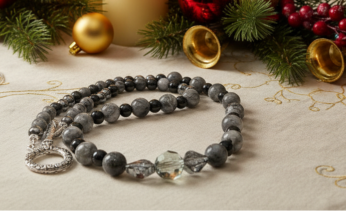 Gorgeous Black Diamond Crystal, Labradorite, Silver Hematite, and Baroque beads, Beaded Necklace - handcrafted by Artistry Jewelry