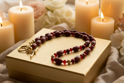 Lovely Natural Mountain Jade(D), Siam Bicones, and Gold Hematite, One-of-a-Kind, Burgundy Beaded Necklace-crafted by Artistry Jewelry