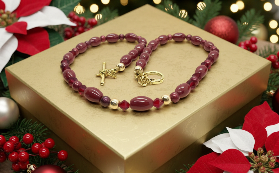 Lovely Natural Mountain Jade(D), Siam Bicones, and Gold Hematite, One-of-a-Kind, Burgundy Beaded Necklace-crafted by Artistry Jewelry
