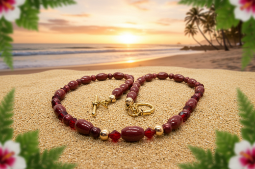 Lovely Natural Mountain Jade(D), Siam Bicones, and Gold Hematite, One-of-a-Kind, Burgundy Beaded Necklace-crafted by Artistry Jewelry