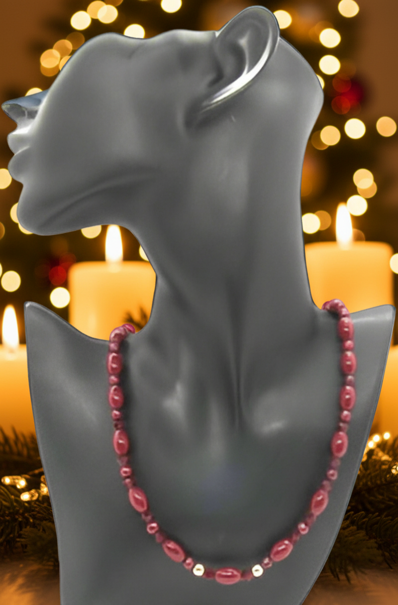 Lovely Natural Mountain Jade(D), Siam Bicones, and Gold Hematite, One-of-a-Kind, Burgundy Beaded Necklace-crafted by Artistry Jewelry