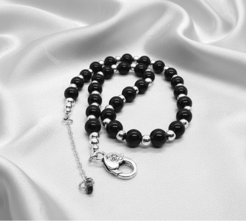 Flaunting Silver Hematite and Black Satin Pearl Beaded Necklace - handcrafted by Artistry Jewelry