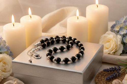 Flaunting Silver Hematite and Black Satin Pearl Beaded Necklace - handcrafted by Artistry Jewelry