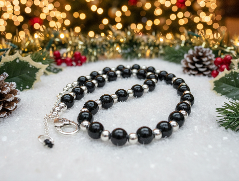 Flaunting Silver Hematite and Black Satin Pearl Beaded Necklace - handcrafted by Artistry Jewelry