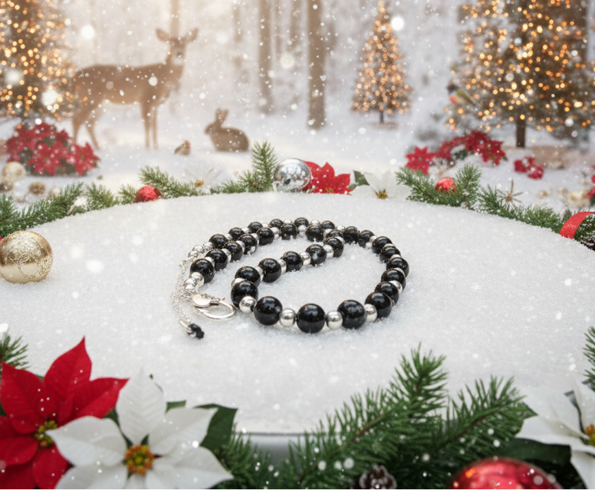 Flaunting Silver Hematite and Black Satin Pearl Beaded Necklace - handcrafted by Artistry Jewelry