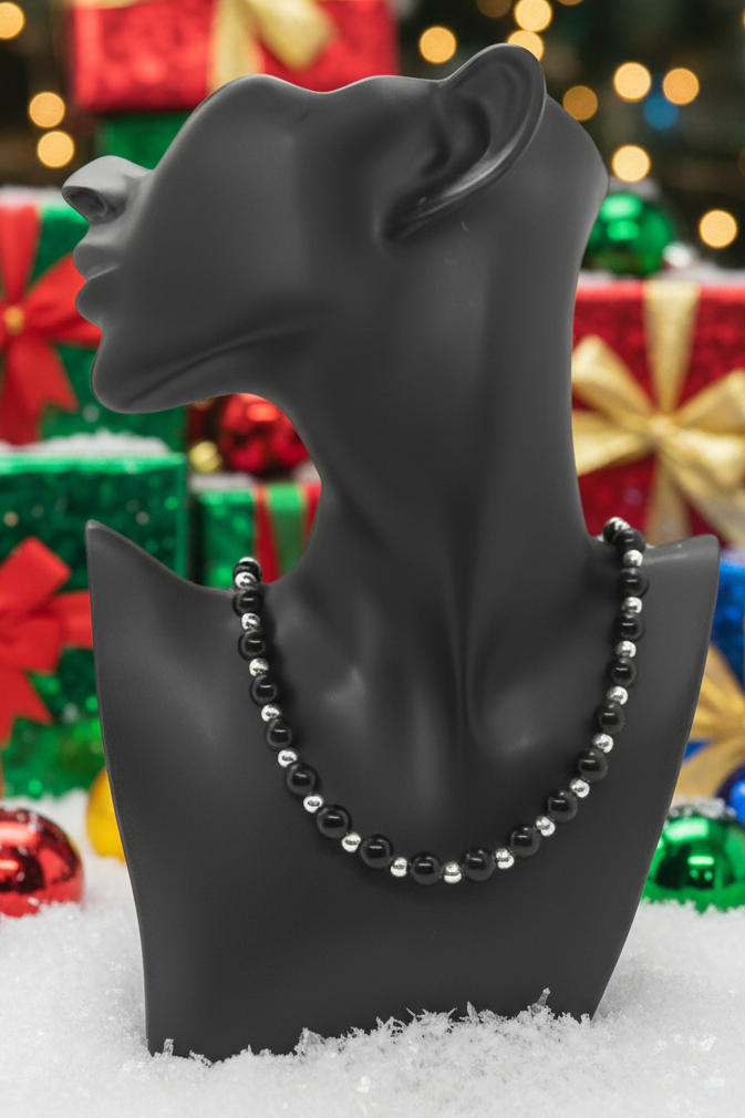 Flaunting Silver Hematite and Black Satin Pearl Beaded Necklace - handcrafted by Artistry Jewelry