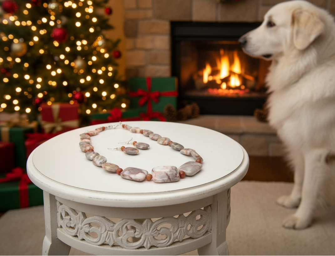Exciting Natural Red Spot Stone and Red Aventurine Semi-precious, One-of-a-Kind Necklace Set- handcrafted by Artistry Jewelry