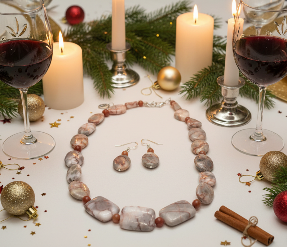 Exciting Natural Red Spot Stone and Red Aventurine Semi-precious, One-of-a-Kind Necklace Set- handcrafted by Artistry Jewelry