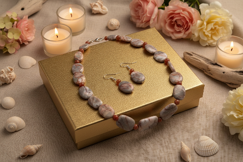 Exciting Natural Red Spot Stone and Red Aventurine Semi-precious, One-of-a-Kind Necklace Set- handcrafted by Artistry Jewelry