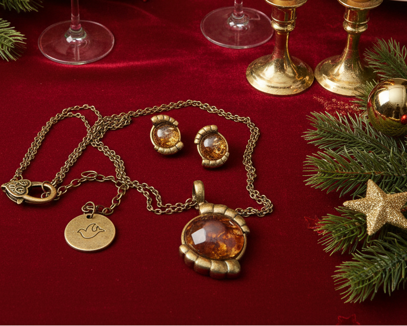 Charming Vintage Style Burnished Gold and Brown Colored Pendant, Steel Chain Necklace and Earrings Set, 18 inches, One-of-a-Kind - by Artistry Jewelry