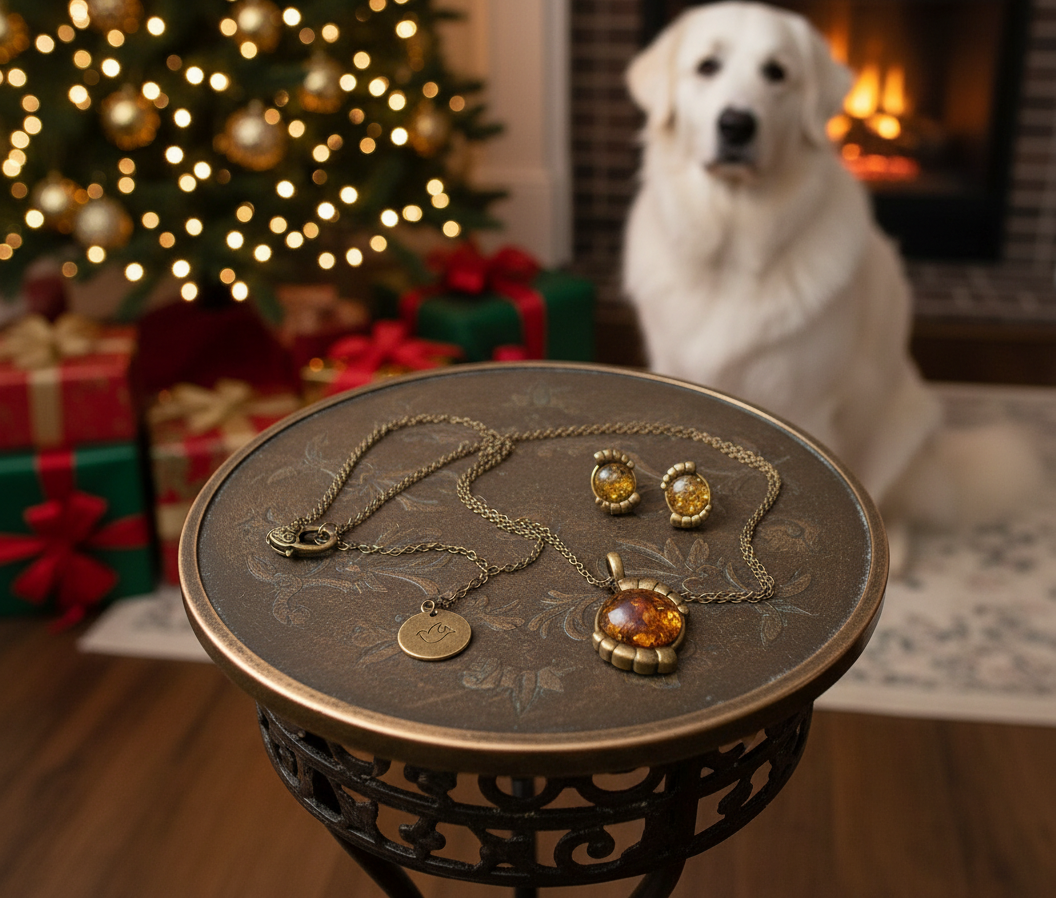 Charming Vintage Style Burnished Gold and Brown Colored Pendant, Steel Chain Necklace and Earrings Set, 18 inches, One-of-a-Kind - by Artistry Jewelry