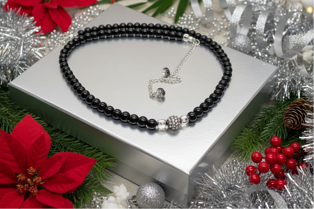 Lovely Black Pearl Beads, Cubic Zirconia, and Silver Rondelles, One-of-a-Kind, Beaded Necklace-handcrafted by Artistry Jewelry