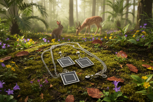 Exciting Silver and Black, Geo, Stainless Steel Chain Necklace Set- by Artistry Jewelry