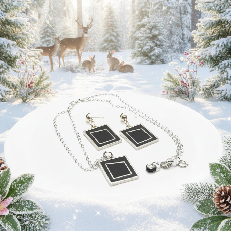 Exciting Silver and Black, Geo, Stainless Steel Chain Necklace Set- by Artistry Jewelry