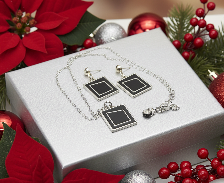Exciting Silver and Black, Geo, Stainless Steel Chain Necklace Set- by Artistry Jewelry