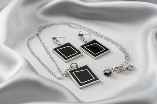 Exciting Silver and Black, Geo, Stainless Steel Chain Necklace Set- by Artistry Jewelry