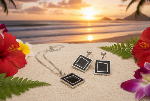 Exciting Silver and Black, Geo, Stainless Steel Chain Necklace Set- by Artistry Jewelry