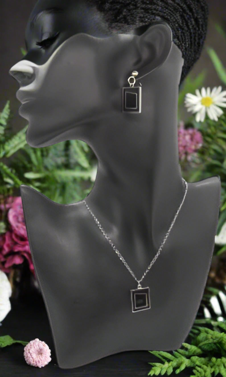 Exciting Silver and Black, Geo, Stainless Steel Chain Necklace Set- by Artistry Jewelry