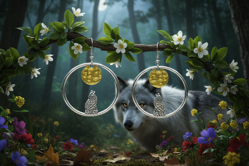 Retro Moon and Wolf Hoop Earrings