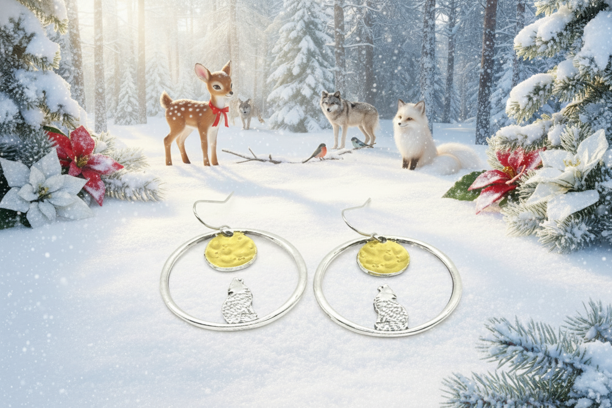 Retro Moon and Wolf Hoop Earrings