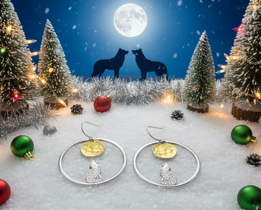 Retro Moon and Wolf Hoop Earrings