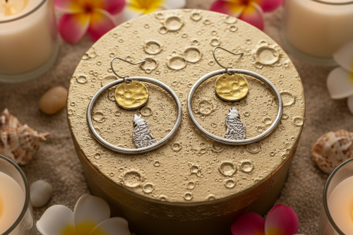 Retro Moon and Wolf Hoop Earrings