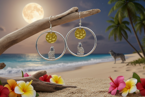 Retro Moon and Wolf Hoop Earrings