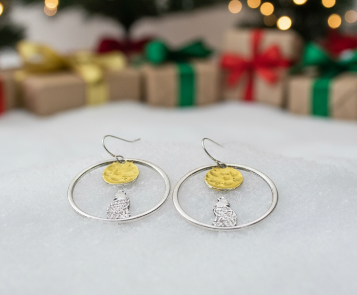 Retro Moon and Wolf Hoop Earrings
