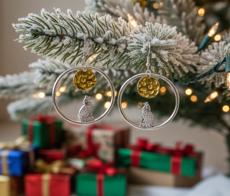 Retro Moon and Wolf Hoop Earrings