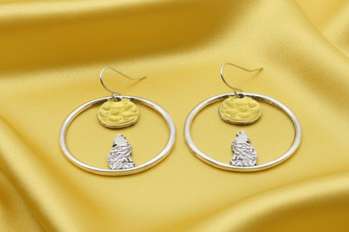Retro Moon and Wolf Hoop Earrings