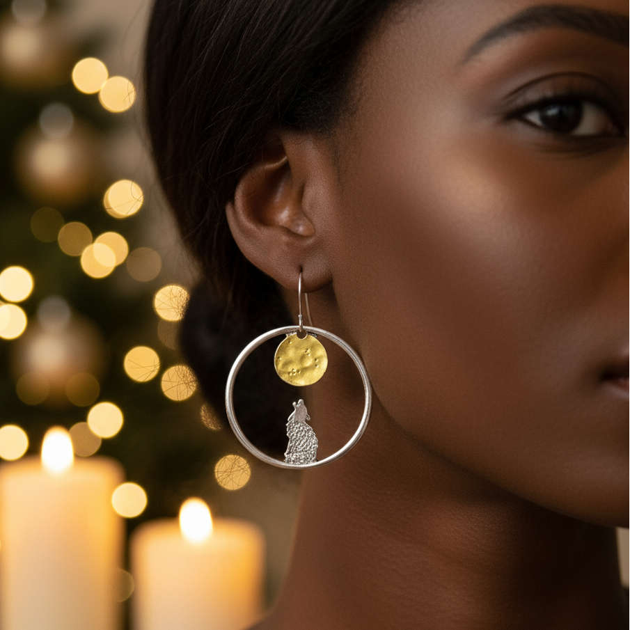 Retro Moon and Wolf Hoop Earrings