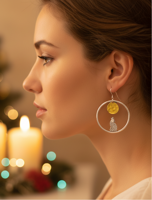 Retro Moon and Wolf Hoop Earrings