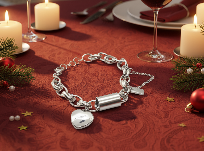 Exciting Silver Heart and Chain Bracelet