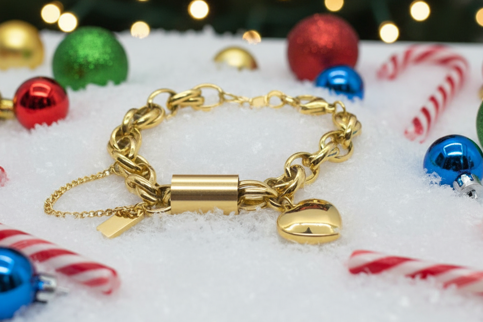 Exciting Puffy Gold Heart Charm Chain Bracelet