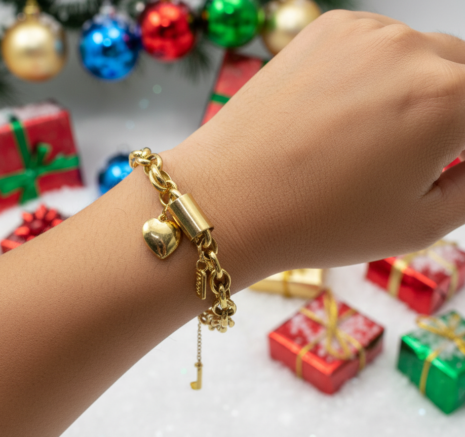 Exciting Puffy Gold Heart Charm Chain Bracelet