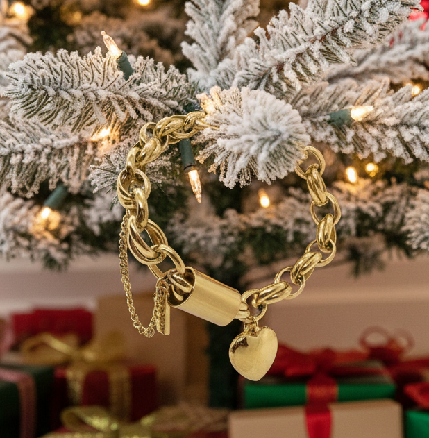 Exciting Puffy Gold Heart Charm Chain Bracelet