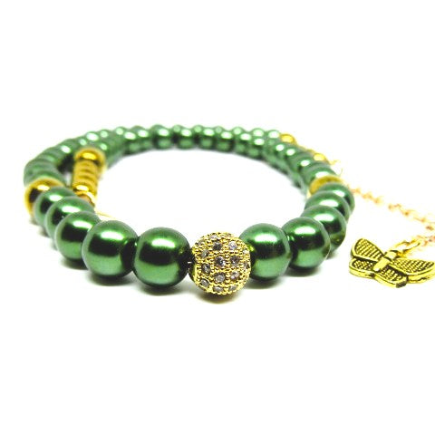 Stunning Cubic Zirconia, Czech Green Satin Beads, and Gold Hematite, Beaded Necklace, One-of-a-Kind, Crafted by Artistry Jewelry