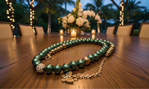 Stunning Cubic Zirconia, Czech Green Satin Beads, and Gold Hematite, Beaded Necklace, One-of-a-Kind, Crafted by Artistry Jewelry