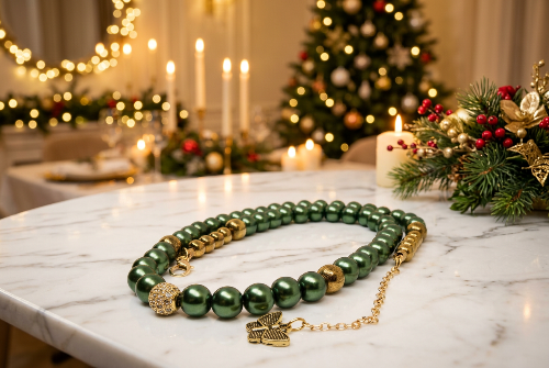 Stunning Cubic Zirconia, Czech Green Satin Beads, and Gold Hematite, Beaded Necklace, One-of-a-Kind, Crafted by Artistry Jewelry