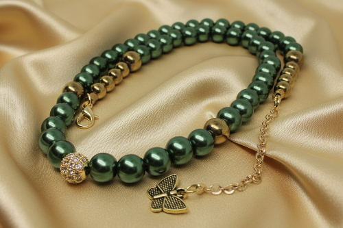Stunning Cubic Zirconia, Czech Green Satin Beads, and Gold Hematite, Beaded Necklace, One-of-a-Kind, Crafted by Artistry Jewelry